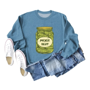 Detail of blue Pickle Slut sweatshirt print with yellow jar illustration and ribbed collar