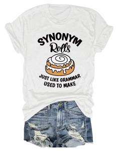 Detailed view of white T-shirt with SYNONYM Rolls print and funny grammar pun text