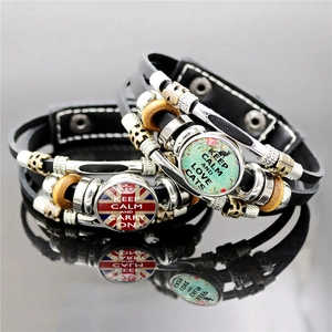 Vintage punk leather bracelet set with Keep Calm quote and Union Jack glass pendant