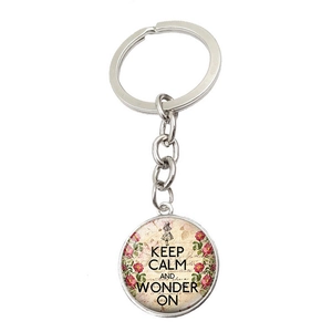 Portachiavi argento Keep Calm and Wonder On con ciondolo in vetro Alice e rosa