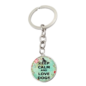 Portachiavi Keep Calm and Love Dogs con strisce blu floreali e cornice in argento