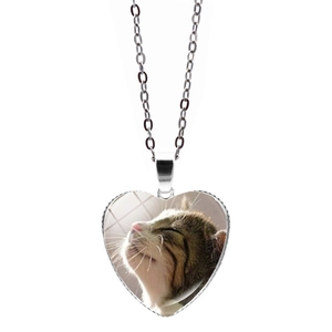 Collana con ciondolo a cuore e foto di gatto in gemma del tempo per donna argento