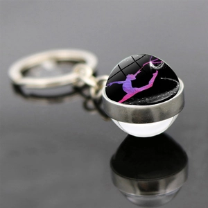 Artistic gymnastics keychain with purple glass dome pendant and silver metal ring