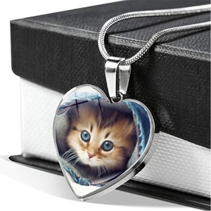 Herz Anhänger Halskette Legierung Glas Katze Foto Thema Silber Schlangen Kette Mode Schmuck Für Damen Geschenk