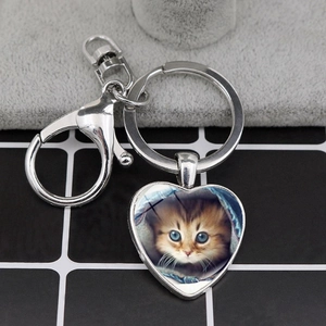 Heart Shaped Keychain Zinc Alloy Glass Cat Photo Pendant Cute Bag Hanging Ornament Gift For Pet Lovers