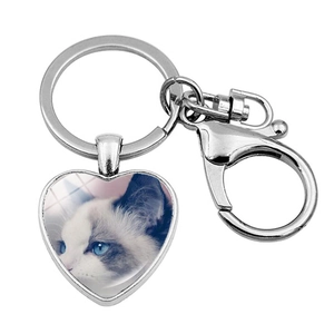 Macro shot of silver heart keychain featuring a blue-eyed ragdoll cat image charm
