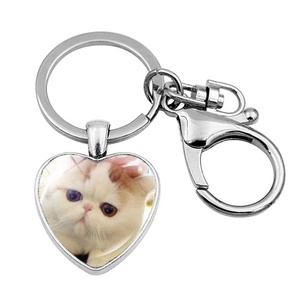 Detail of heart-shaped keychain with exotic shorthair cat photo and silver lobster clasp