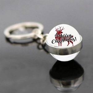 Christmas reindeer keychain with double-sided glass ball pendant and Merry Christmas text
