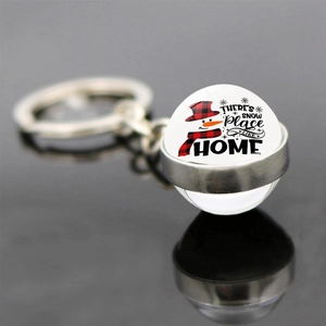 Close-up of glass dome snowman keychain with There's Snow Place Like Home text