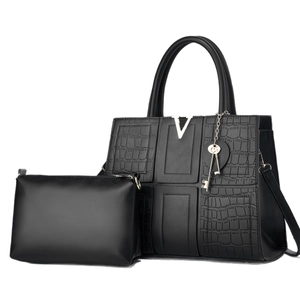 Fashionable black crocodile embossed composite tote bag with metal V logo and small pouch