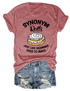 Detail of red heather T-shirt featuring SYNONYM Rolls print and creative typography