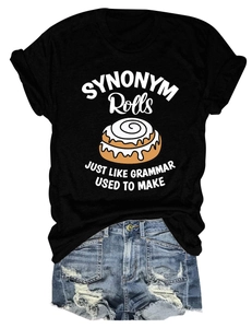Detail of black cotton T-shirt featuring creative SYNONYM Rolls print and casual denim shorts