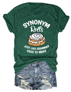 Detail of dark green cotton T-shirt featuring SYNONYM Rolls print and denim shorts
