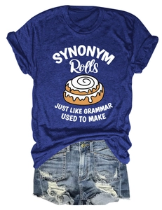 Close-up of Synonym Rolls graphic print on a comfortable navy blue cotton T-shirt