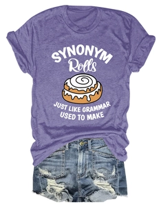 Flat lay of purple cotton T-shirt with SYNONYM Rolls print and distressed denim shorts