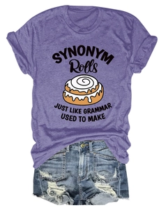 Detail of purple cotton T-shirt featuring funny SYNONYM Rolls print and denim shorts