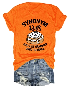 Close-up of orange t-shirt with synonym rolls graphic and blue denim shorts set