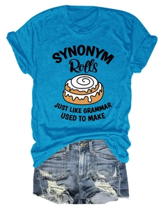 Detail of blue T-shirt with SYNONYM Rolls print and distressed denim shorts set