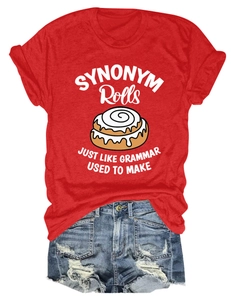 Detail of red cotton T-shirt featuring funny cinnamon rolls print and grammar pun text