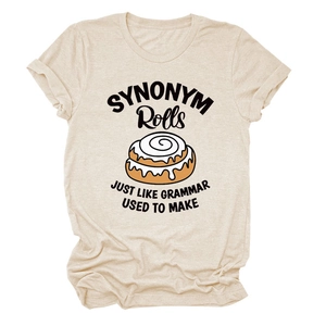 Detail of oatmeal beige cotton T-shirt featuring funny black synonym rolls print