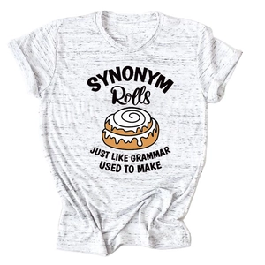 Close-up of Heather White T-shirt featuring funny Synonym Rolls graphic print and text
