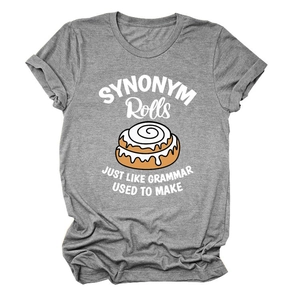 Close-up of Heather Gray T-shirt featuring SYNONYM Rolls graphic print and crew neck