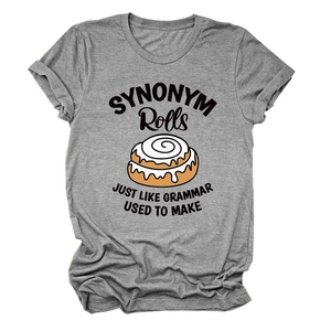 Detail of grey short sleeve T-shirt featuring funny SYNONYM Rolls printed graphic design