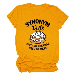 Detail of bright orange cotton T-shirt featuring creative SYNONYM Rolls graphic print