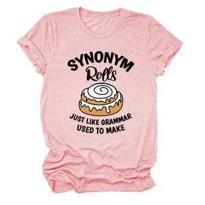 Close-up of pink heather T-shirt featuring creative Synonym Rolls graphic and slogan