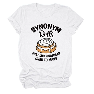 Detail of white cotton t-shirt with SYNONYM Rolls typography and cinnamon roll graphic