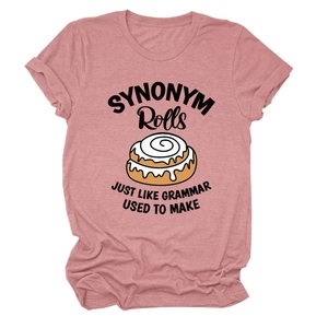 Detail of dusty pink T-shirt featuring SYNONYM Rolls print and cinnamon roll graphic