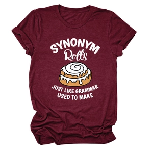 Detail of burgundy T-shirt featuring funny Synonym Rolls text and cinnamon roll illustration
