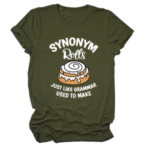 Detail of olive green t-shirt with SYNONYM Rolls print and rolled sleeve design