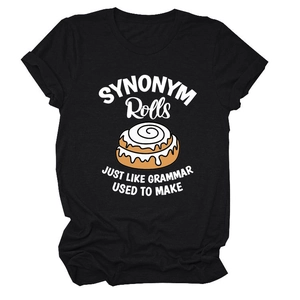 Close-up of Synonym Rolls graphic print on a black comfortable cotton t-shirt
