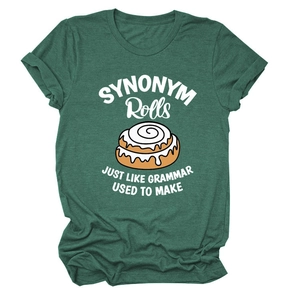 Close-up of Synonym Rolls graphic print on a comfortable dark green cotton t-shirt