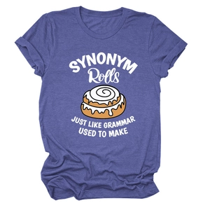 Detail of cartoon cinnamon roll print on heather purple cotton summer t-shirt