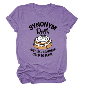 Short sleeve heather purple T-shirt featuring funny Synonym Rolls graphic print