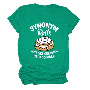 Detailed view of green cotton T-shirt featuring SYNONYM Rolls graphic print and typography