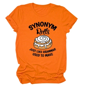 Detail of the SYNONYM Rolls graphic print on a bright orange cotton short sleeve T-shirt