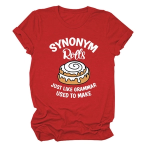 Close-up of red cotton T-shirt featuring funny Cinnamon Rolls graphic and white text