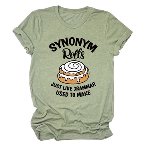 Detailed flat-lay of sage green cotton t-shirt with humorous Synonym Rolls graphic print