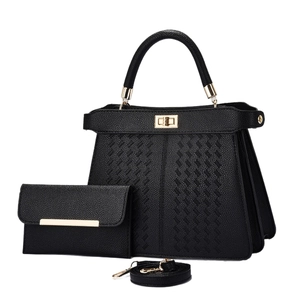 Black woven textured tote bag set with golden twist lock and matching long wallet