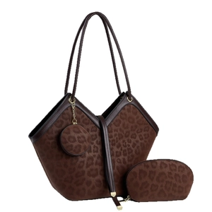 Ensemble de sacs cabas rétro motif léopard en daim avec pochette assortie et breloque ronde