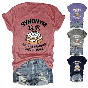 Women's Casual Cotton Blend T-Shirt Synonym Rolls Funny Grammar Cinnamon Roll Graphic Print Short Sleeve Crewneck Fashion Top