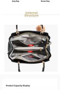 Détail de la structure interne du sac fourre-tout en cuir noir avec plusieurs compartiments