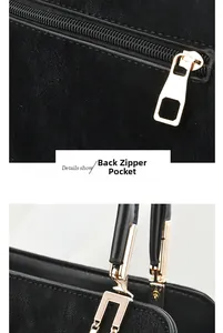Gros plan du sac à main en cuir grainé noir avec poche zippée arrière et détails dorés