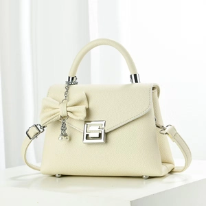 Elegante cremeweiße Litschi-Muster Handtasche mit Schleife und Perlenketten-Dekor