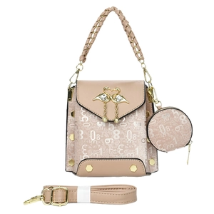 Chic beige handbag set with textured embossing, swan clasp, and woven handle