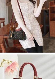 Close-up of vintage brown pattern handbag with gold logo and plush charm detail