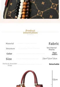 Detail showing vintage textured fabric handbag with wooden beads and 23cm size specs